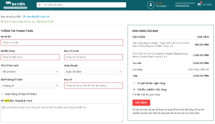 thông tin đặt hàng